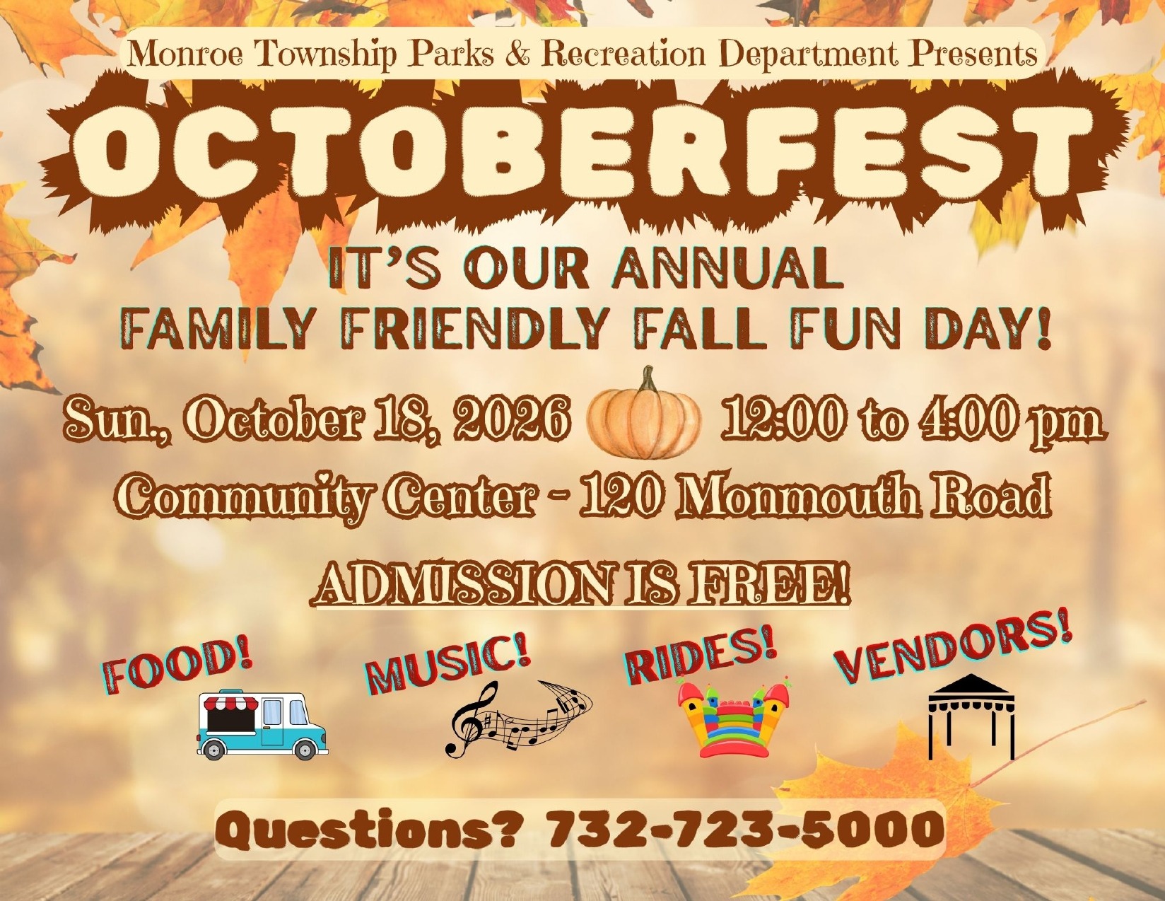 Official Monroe Township Octoberfest flyer: Sunday, October 18, 2026, noon–4 PM, Community Center, 120 Monmouth Road; free admission